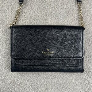 Kate Spade Black Pebbled Leather Crossbody Bag Gold Chain Strap Clutch Wallet